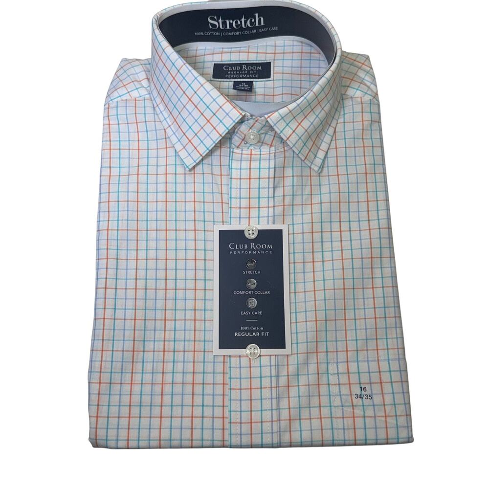 Club Room Men's Regular Fit Letto Plaid Dress Shirt Orange Aqua 16 34-35 $60